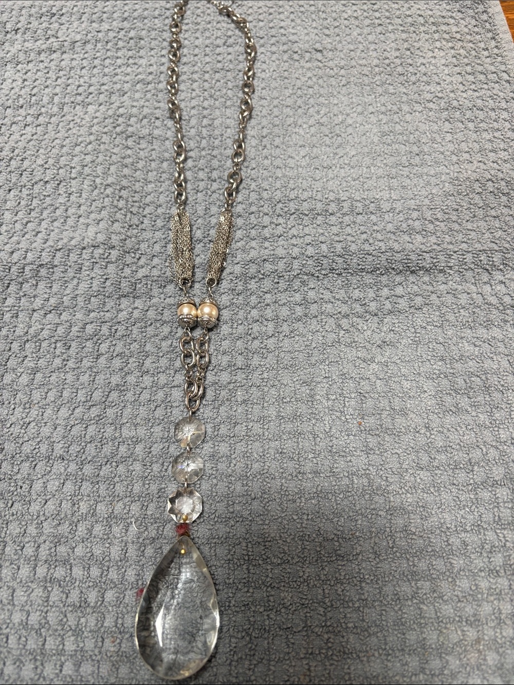 Silver-Tone Crystal Teardrop Pendant Necklace